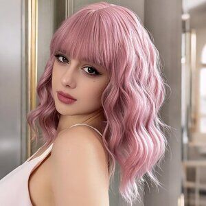 VCKOVCKO Pastel 12" Wavy Wig With Air Bangs Women's Short Bob Pink Wigs Curly